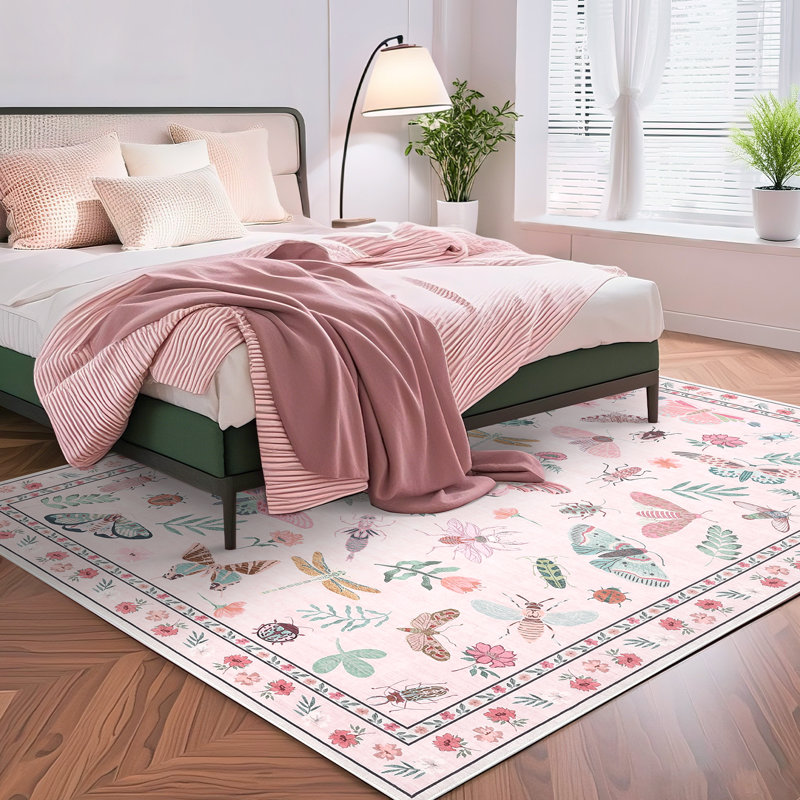Insect Floral Area Rugs Modern Accent Carpet with Non-Slip Backing, Stain-Resistant Low Pile Floor Cover, Machine Washable Ultra-Soft Indoor Mat for Living Room, Bedroom, Kitchen