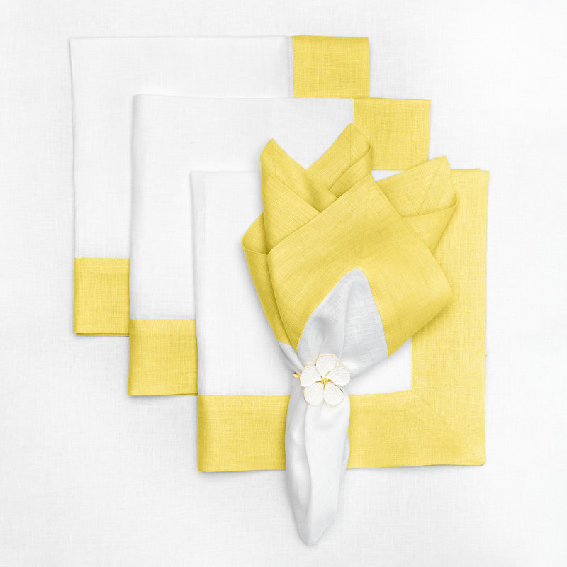Contempo - 100% Pure Linen Dinner Napkins, Sunshine Yellow/White