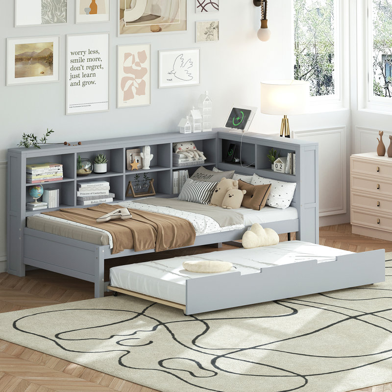 Lit de jour avec couchette et station de charge USB Evermere, Gris, Complet/Double