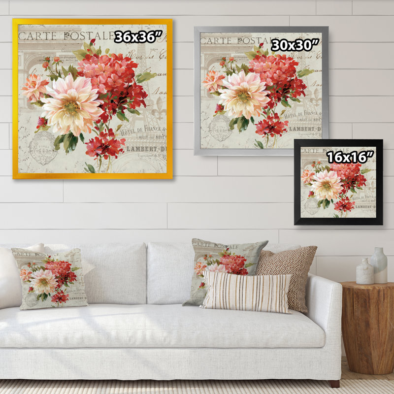 « red painted fleurs on rétro postale iii », reproduction d’image sur toile, H 30 po x l 30 po x P 1 po, Cadre argenté