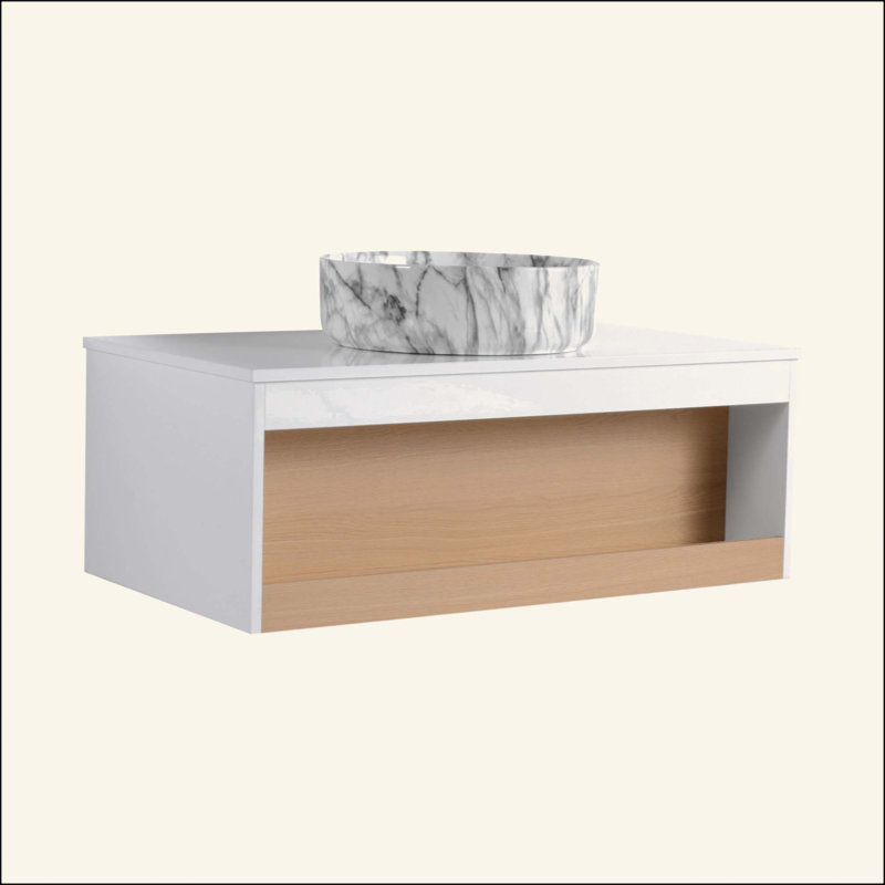 Meuble-lavabo flottant avec lavabo vasque, meuble-lavabo mural avec rangement ouvert, finition avec accents en bois, conception moderne peu encombrante (livré dans 2 boîtes)