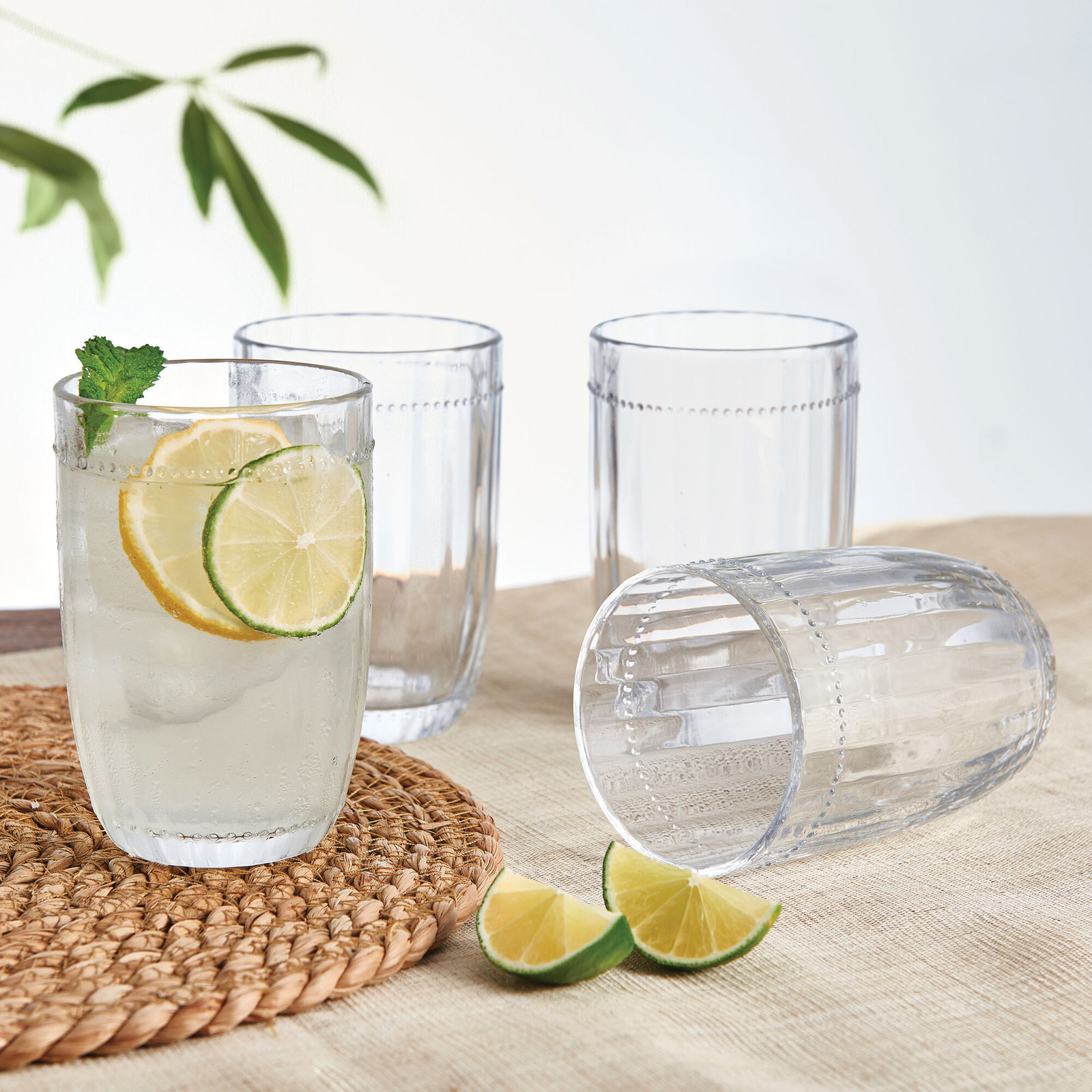Max by Fitz and Floyd Beaded Highball Tumbler Glass Cups, Clear