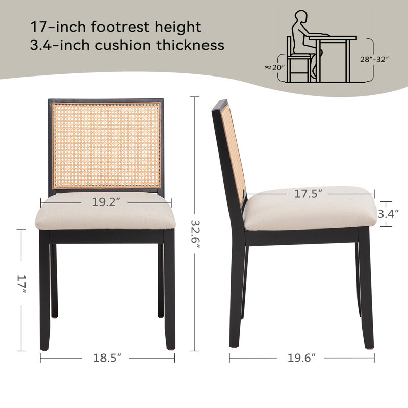 19.6" Wide Side Chair Modern Solid Wood Dining Chair with Rattan Backrest, Black