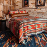 Del Sol Red/Orange/Tan Aztec Print Cotton Southwestern Style Reversible Quilt Set