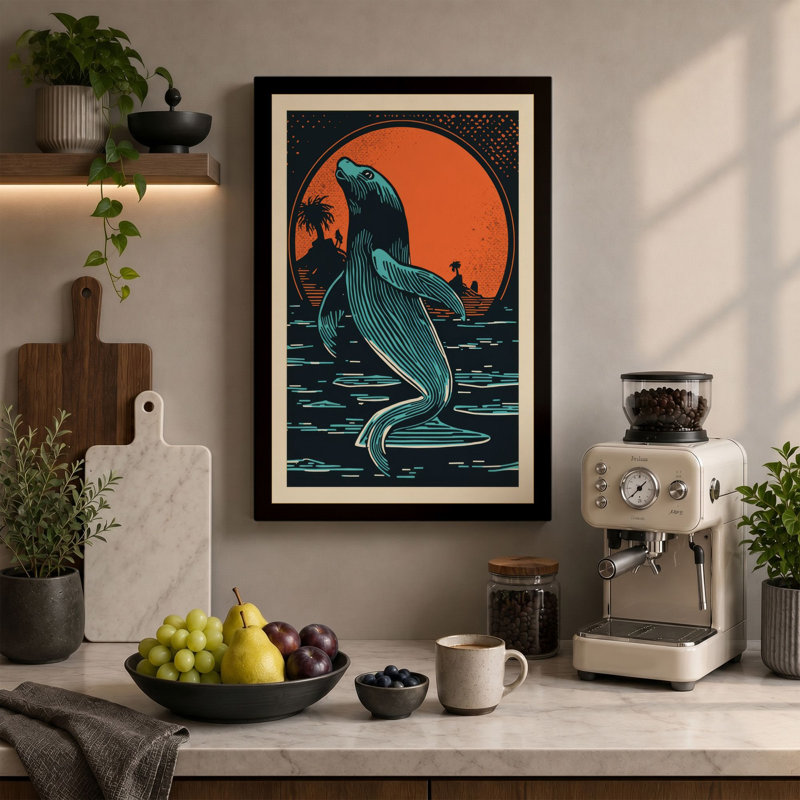 Whale Breaching Sun Coastal - Wrapped Canvas, 36x24 - 91.4 x 61.0 cm, Sage Border