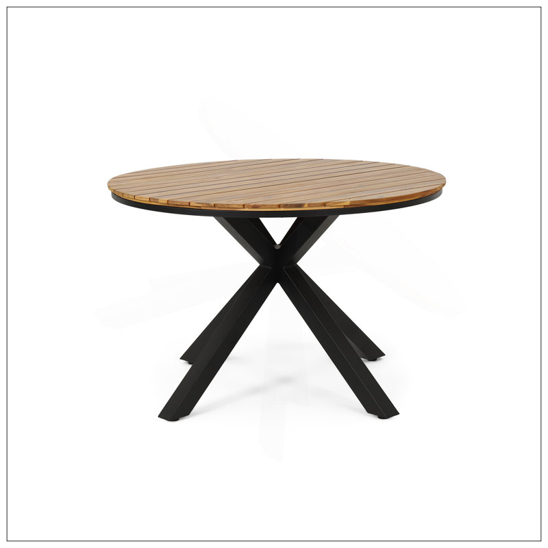 Table de salle à manger d'extérieur, plateau en teck et pieds en métal noir