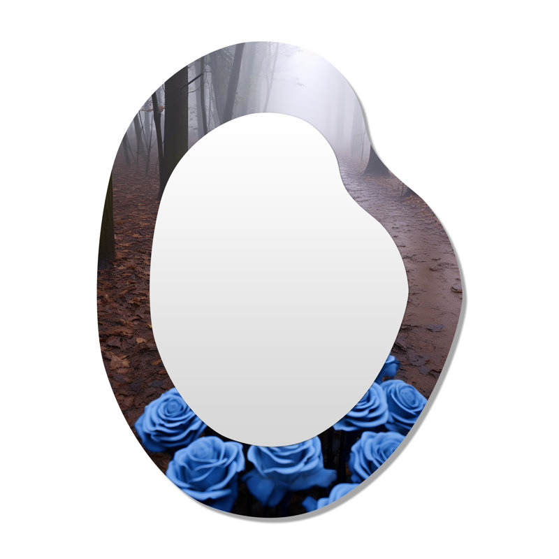 «Forest Path Of Blue Roses» - miroir de forme unique Roses, miroir mural décoratif asymétrique bleu, impression d'art en métal