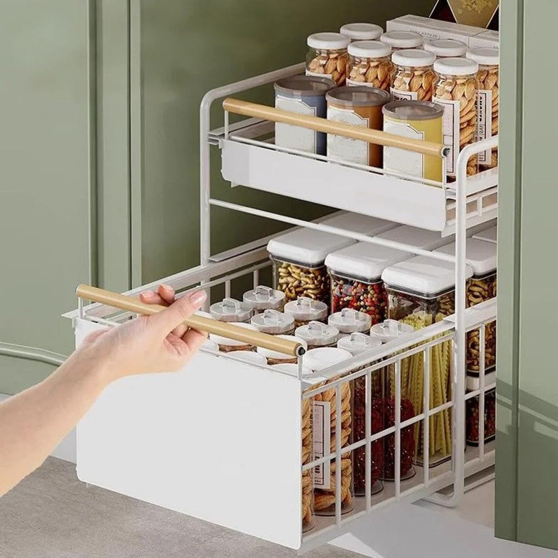 2-Tier Stainless Steel Pull Out Cabinet Organizer,Heavy Duty Chrome Plated Wire Basket With Shelf Liner for Kitchen Cabinets Pantry Storage Under Sink,40 x 28 x 39cm