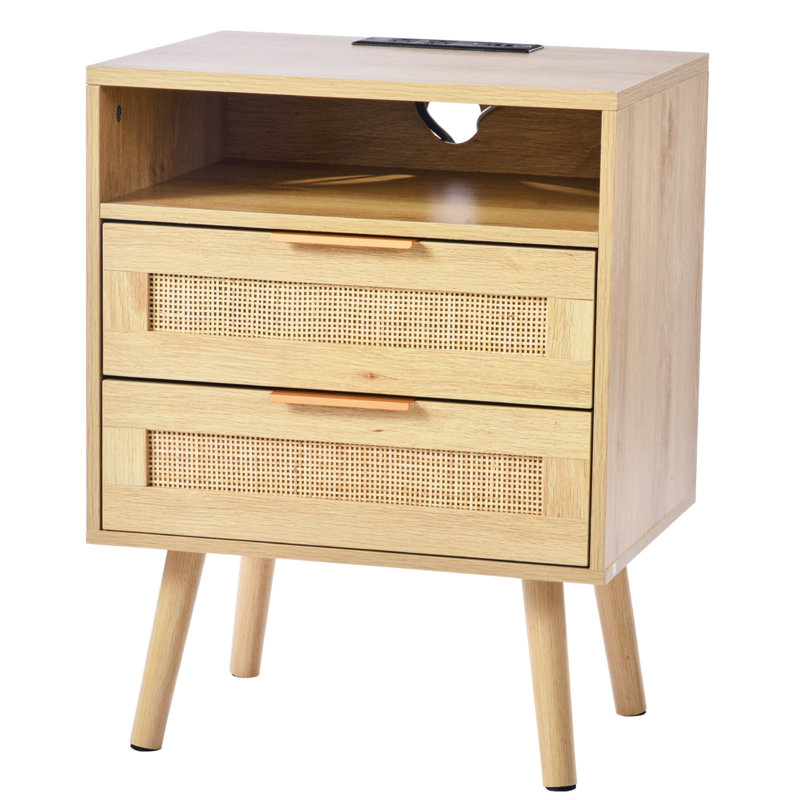 Table de chevet en rotin, table de chevet Boho avec tablette ouverte, table de chevet en bois avec table de bout en rotin et pieds en bois massif, table d'appoint en rotin avec station de charge, pour chambre à coucher, bureau et salon