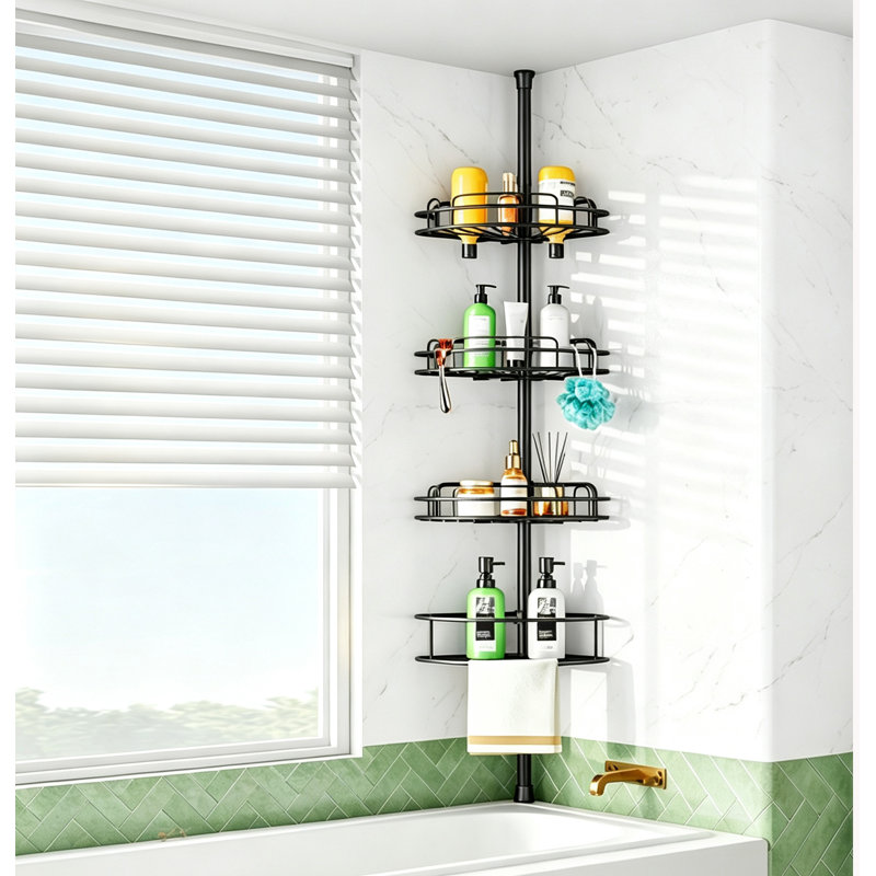 Étagère de douche d'angle à barre de tension sans perçage, 4 niveaux, hauteur réglable de 121,1 cm à 313,8 cm, noire résistante à la rouille
