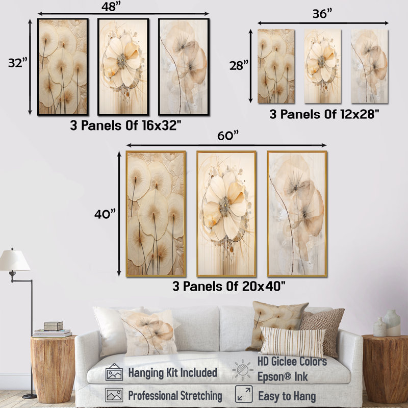 «Luxurious Beige Morning Glory Flower», ensemble de 3 reproductions d'art mural, Cadre flottant blanc, H 40 po x l 60 po