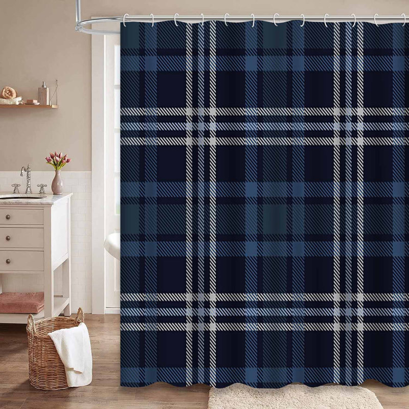 Rideau de douche sans couture à carreaux bleu tartan avec 12 crochets, L 72 po x l 84 po