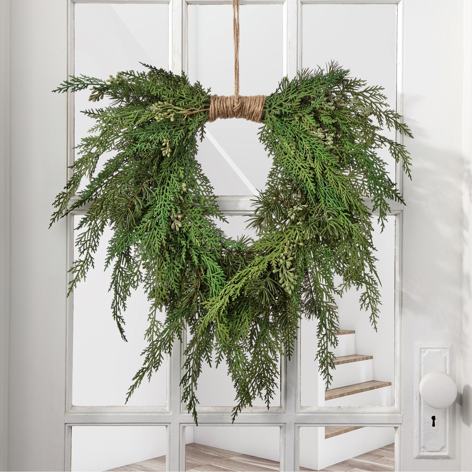 Faux Pine Polyethylene Plastic Wreath, 22.05" H x 22.05" W x 5.91" D
