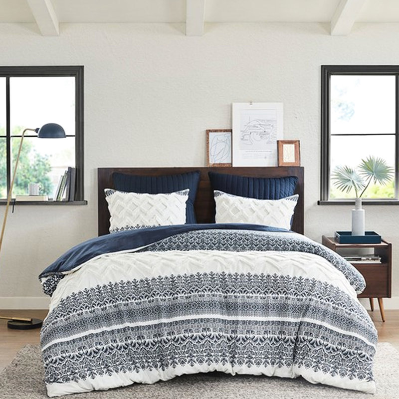 Housse de couette 3 pièces, coton avec capitonnage en chenille, touche délicate, motif, atmosphère lavable à la machine, imprimé