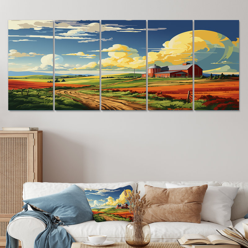 Minimaliste Indiana Barns Countryside II - art mural 5 pièces, H 32 po x l 80 po