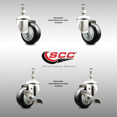 3.5 Inch 316SS Black Polyurethane Swivel 12mm Stem Caster Set 2 Brake SCC