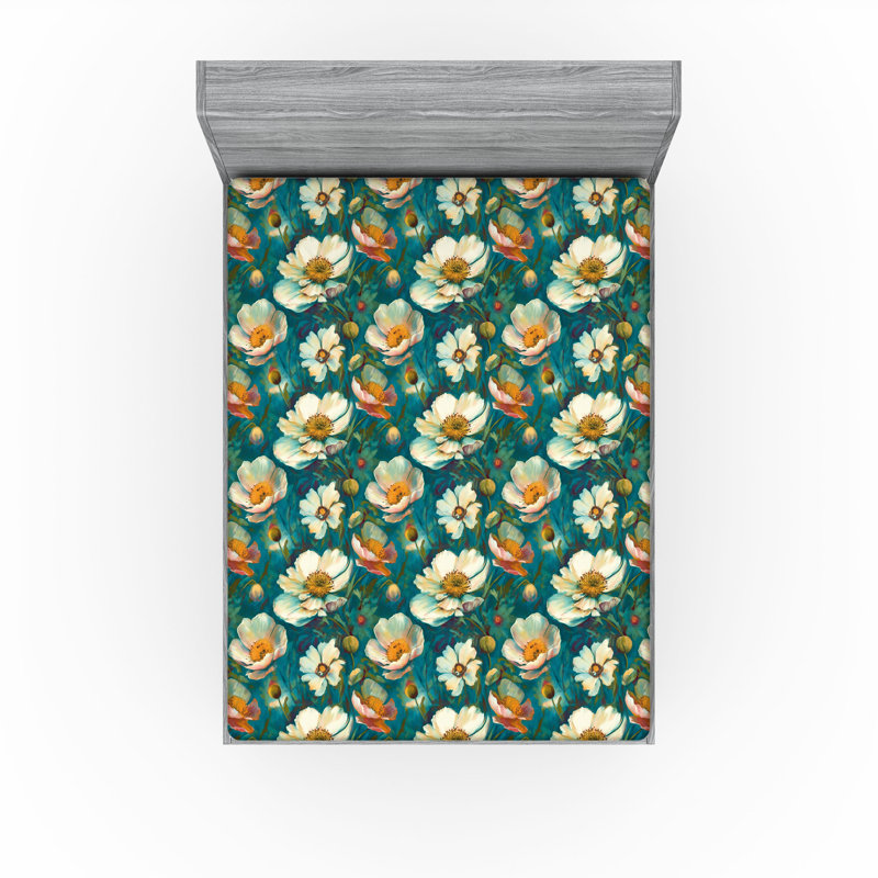 Drap-housse Ambesonne, Drap-housse de taille très grand, Bleu sarcelle, abricot, vert pâle / floral