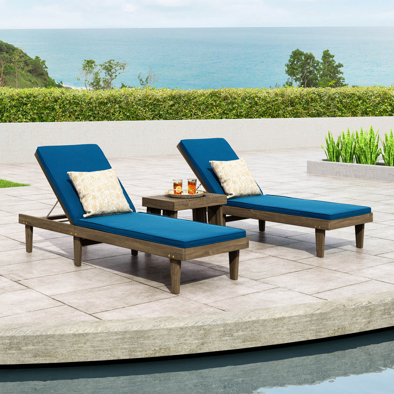 Morell Outdoor Acacia Wood Chaise Lounge Set with Table , Cushion Included, Blue, Gray