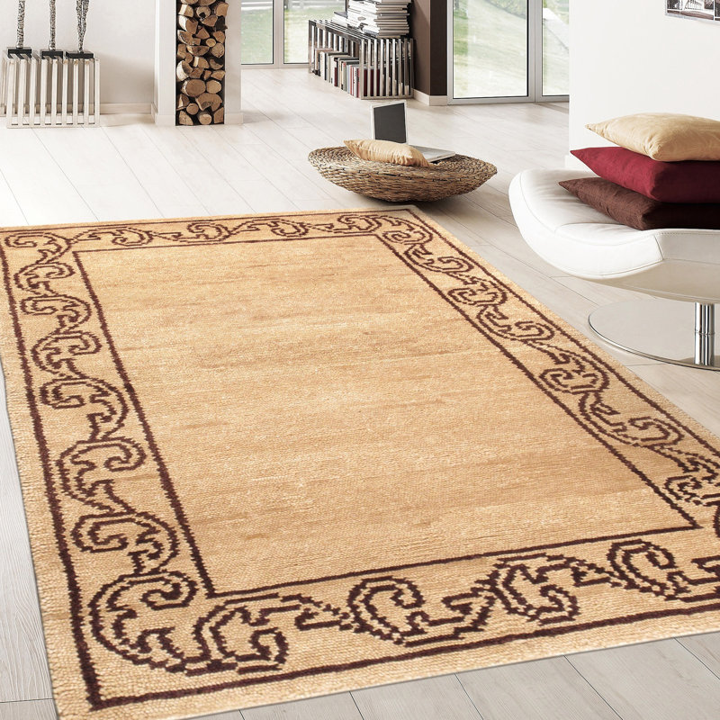 Tapis de zone en laine beige/brune 4 pi x 5 pi 10 po one-of-kind à la main noué la