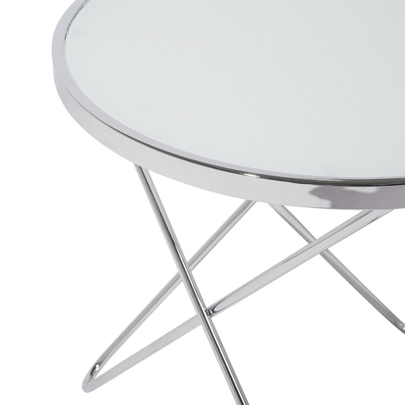 Krista Glass Top Cross Legs End Table, White/Silver