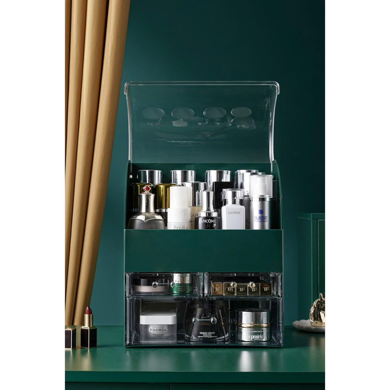 Vert Professionnel Grand Organisateur de Maquillage Cosmétique Étanche À La Poussière Étagère De Rangement De Cosmétiques Avec Tiroirs Portable Pour Pinceaux Rouge À Lèvres Bijoux