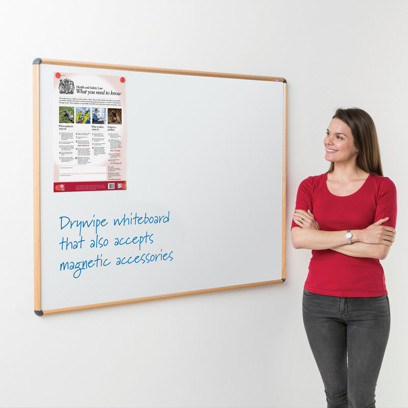 Shield Design Wood Effect Wall Mounted Magnetic Whiteboard, 120cm H x 180cm W