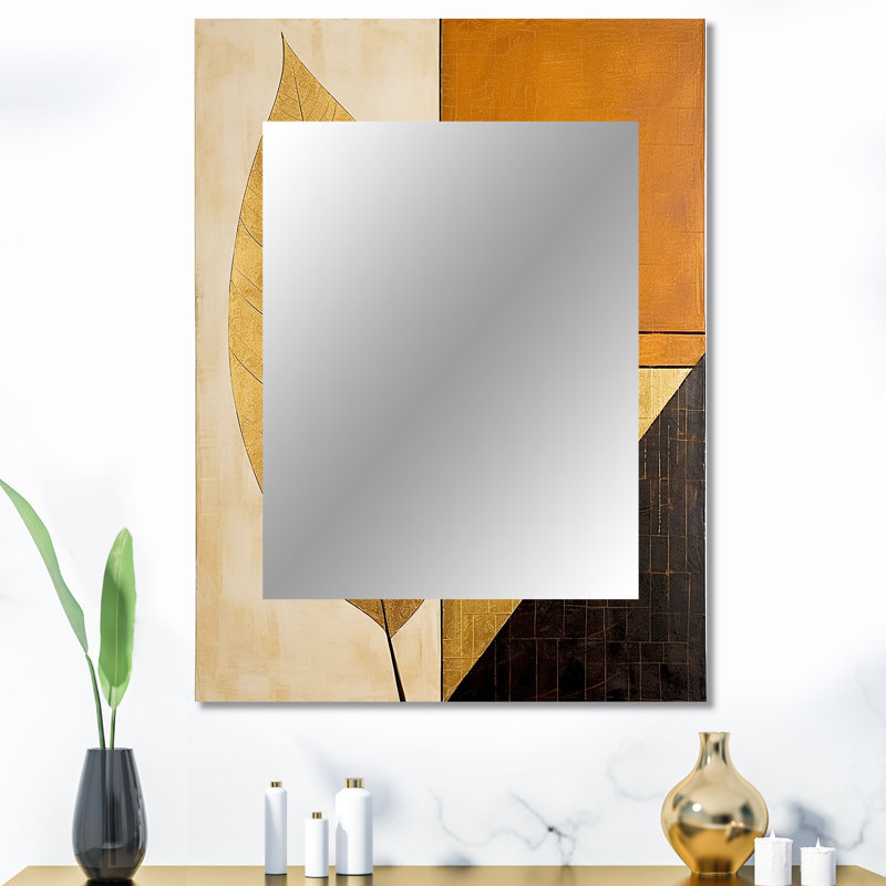 Golden Geometric Leaves Foliage III - feuilles, décor de miroir mural unique, grand miroir traditionnel, art imprimé en métal