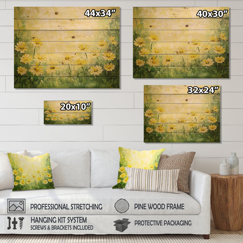«Country Charm Sunrise Daisy Glow I - marguerites», art mural sur bois de pin naturel, H 10 po x l 20 po x P 0,78 po