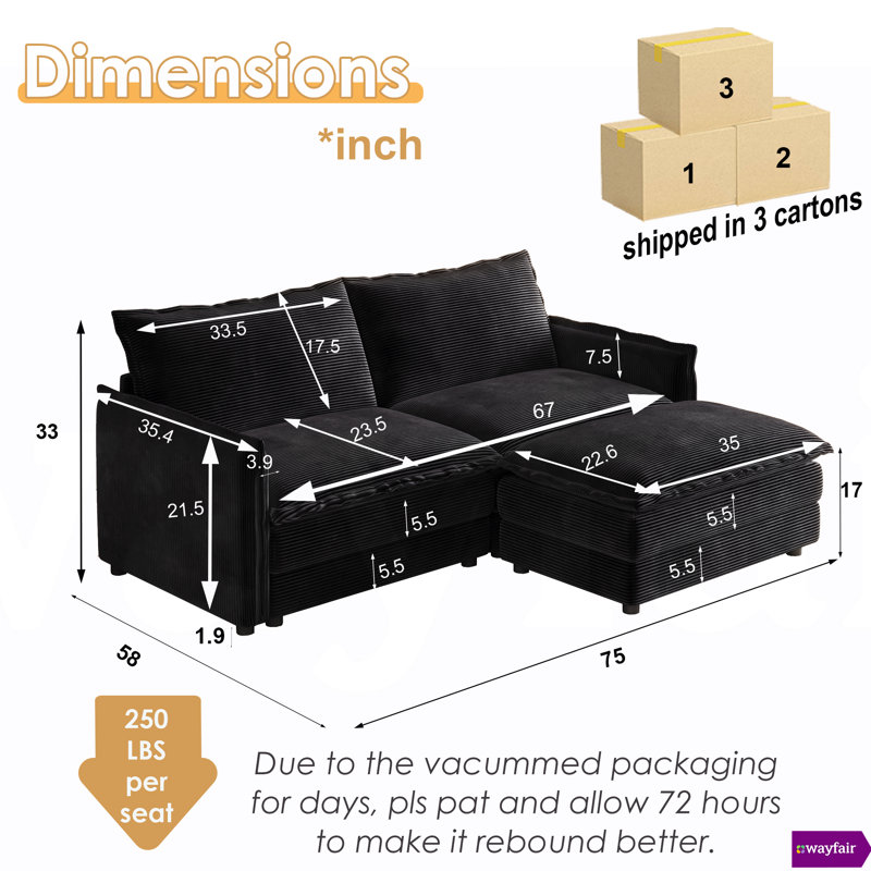  Shugar  75"W Stylish Corduroy Modular Sectional With One Ottoman, Black Conduroy