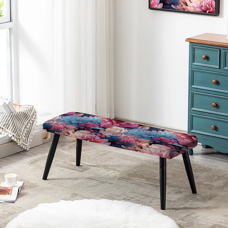 Purple And Pink Flowers Bloom - Floral Upholstered Black Bench