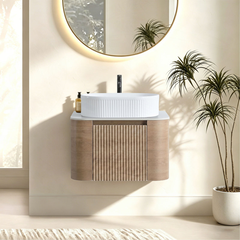 Meuble-lavabo Erba 24 pouces avec lavabo, armoire murale couleur miel avec porte-serviettes offert, lavabo ovale en céramique à rayures, sans bonde ni robinet, préassemblé