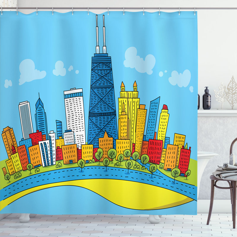 East Urban Home Chicago Skyline Shower Curtain Cartoon City, 70''H x 69''W