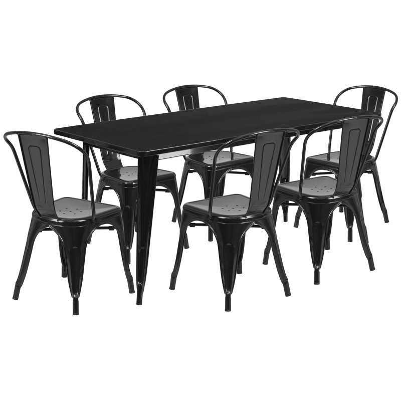 Metal Indoor-Outdoor Table Set, 29.5"H x 31.5"W x 63"D, 7, Black