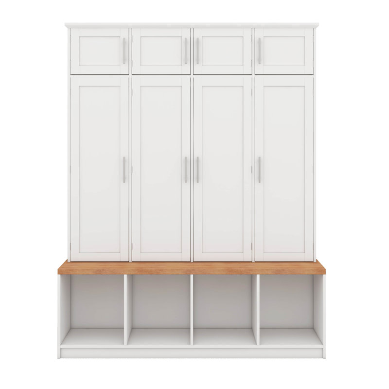 Arbre d'entrée de style campagnard avec 4 crochets cachés, banc polyvalent en noyer avec 8 portes, armoire à chaussures d'entrée avec compartiments ouverts