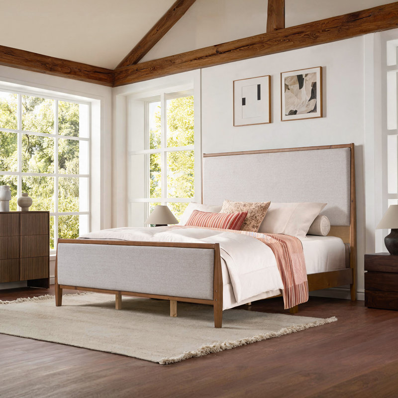 Solid Pine Bed with Upholstered Headboard and Footboard, Brown, King