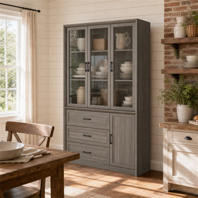 Armoire sur pied autoportante de 79,6 po x l 47,4 po avec portes en verre, 3 tiroirs et armoire latérale