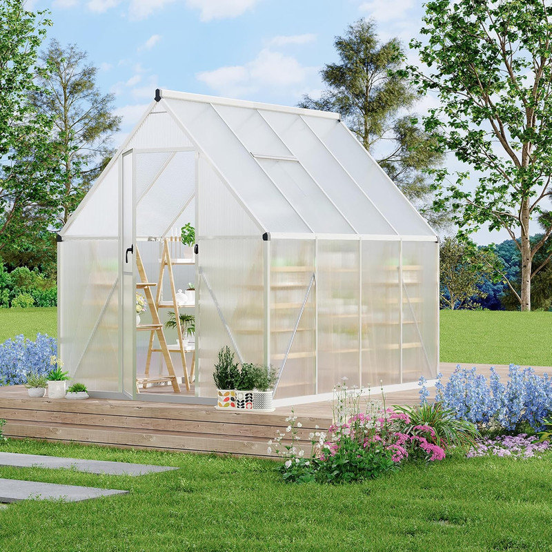 Serre en polycarbonate avec cadre en aluminium 6 pi x 7 pi, ensemble de jardin d'extérieur robuste, Argent argent