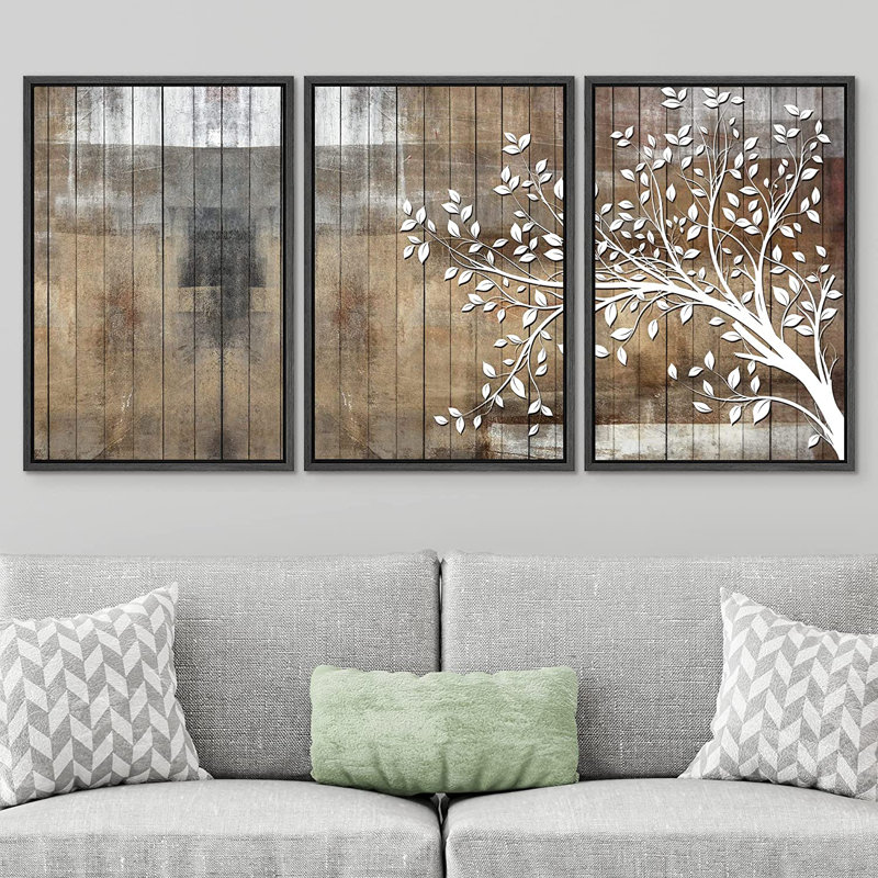 «White Tree Silhouette and Color Blocks», reproduction sur toile flottante 3 pièces, H 36 po x l 72 po , Noir