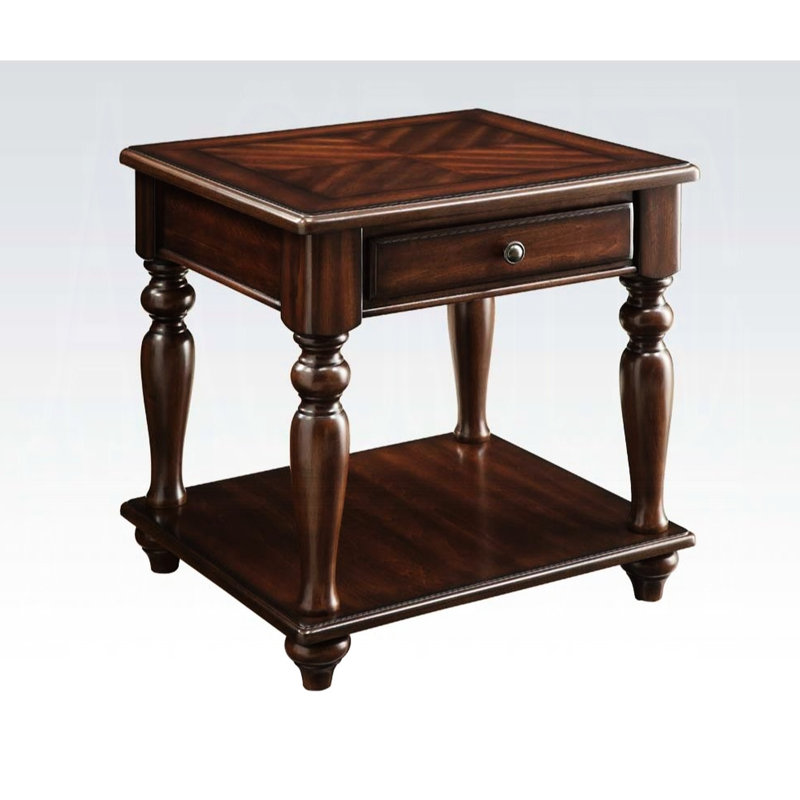 Table de bout rectangulaire en noyer avec 1 tiroir et tablette, conception de plateau de parquet, pieds tournés pour un look classique, 22 pouces de largeur - pieds, 24 de profondeur,