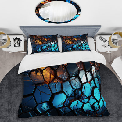 Fractal Blue And Yellow Mosaic  III - Abstract Modern Shapes Duvet Cover Set
