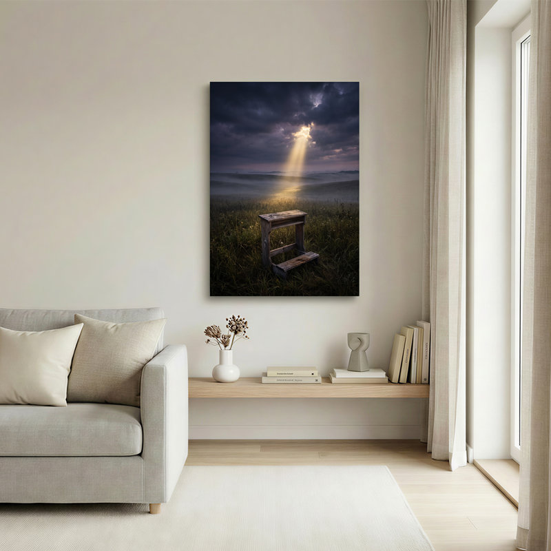 Toile en bois dans un champ brumeux avec rayons de soleil, art mural sur toile, 24"H x 16"W