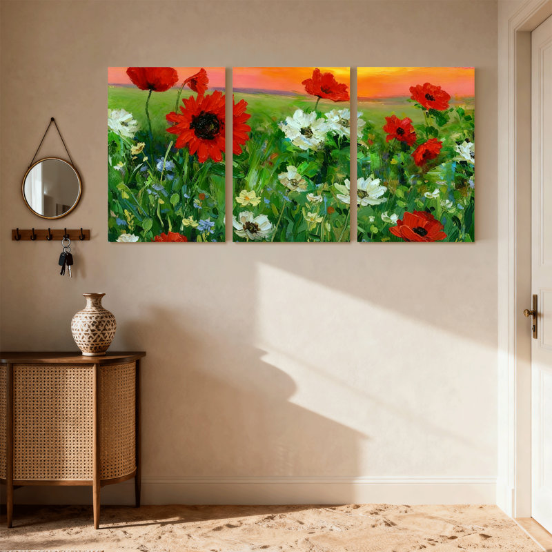 Assortiment de coquelicots rouges, marguerites blanches, champ vert, coucher de soleil, ensemble de 3 toiles