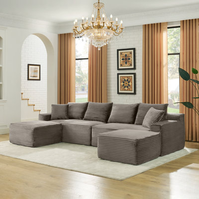 U-Shaped Modular Cloud Sectional Sofa, Corduroy, 2 Pieces, Brown, U-Shaped Deep Seat with Chaise and Ottoman