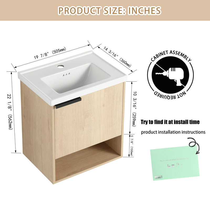 Meuble-lavabo simple mural 19,9 po avec plateau en céramique Nahdean