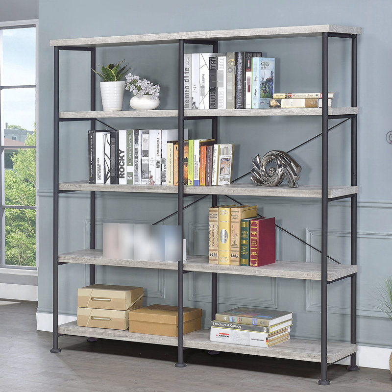 Bibliothèque double avec 4 tablettes larges en bois flottant gris et noir pour le rangement du salon