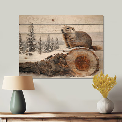 Forêt de marmottes dans un paysage hivernal II - reproduction de bois de marmotte - sur bois de pin naturel