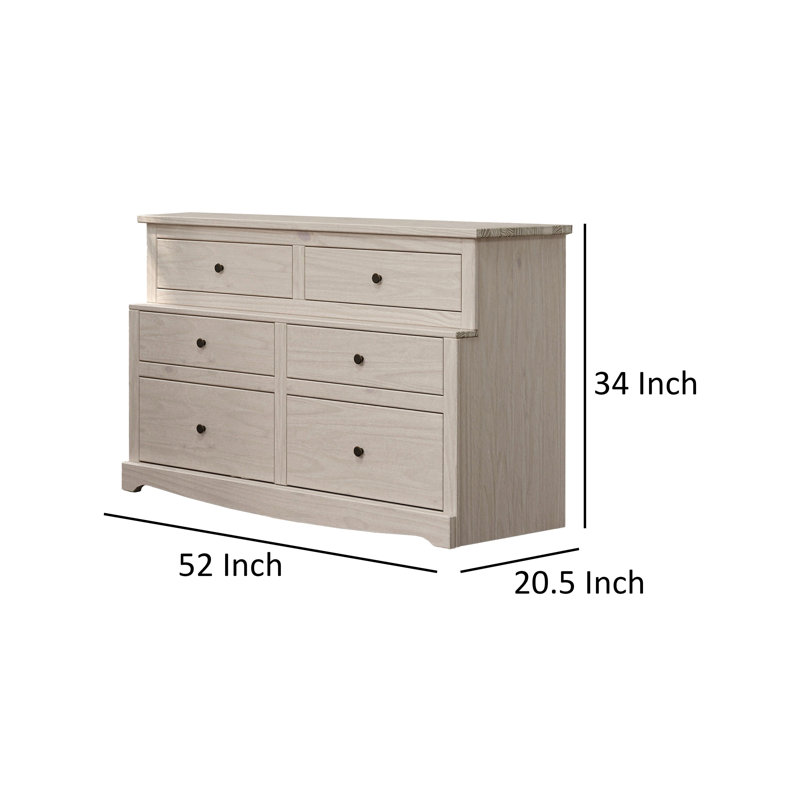 Stav Wide Dresser Chest With 6 Drawers, Plank Style, Solid Wood, White