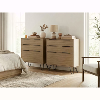 Commodes 3 tiroirs en chêne clair avec pieds en métal, ensemble de 2