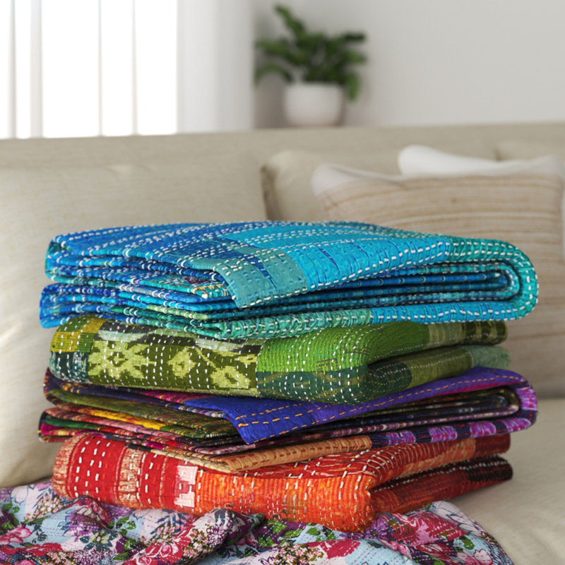 Multicolor Cotton and Silk Patchwork Throw Blanket