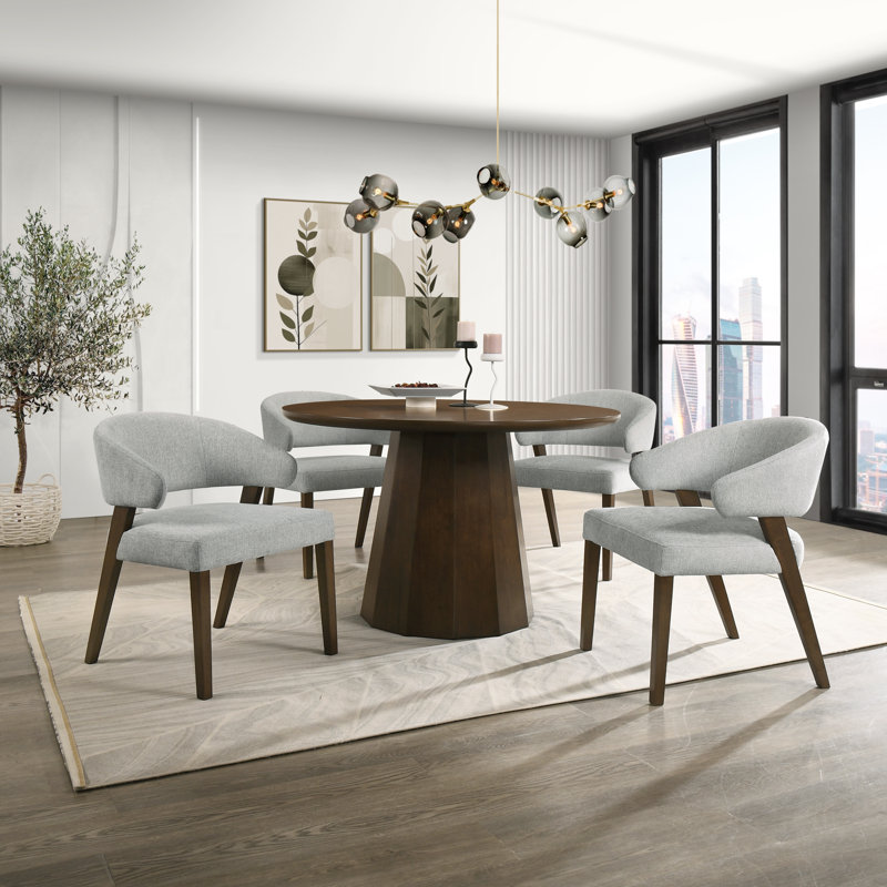 5-Piece Round Dining Table Set, Seats 4, 47.2" Oak Pedestal Base Table & 4 Grey Open-Arc Dining Chairs